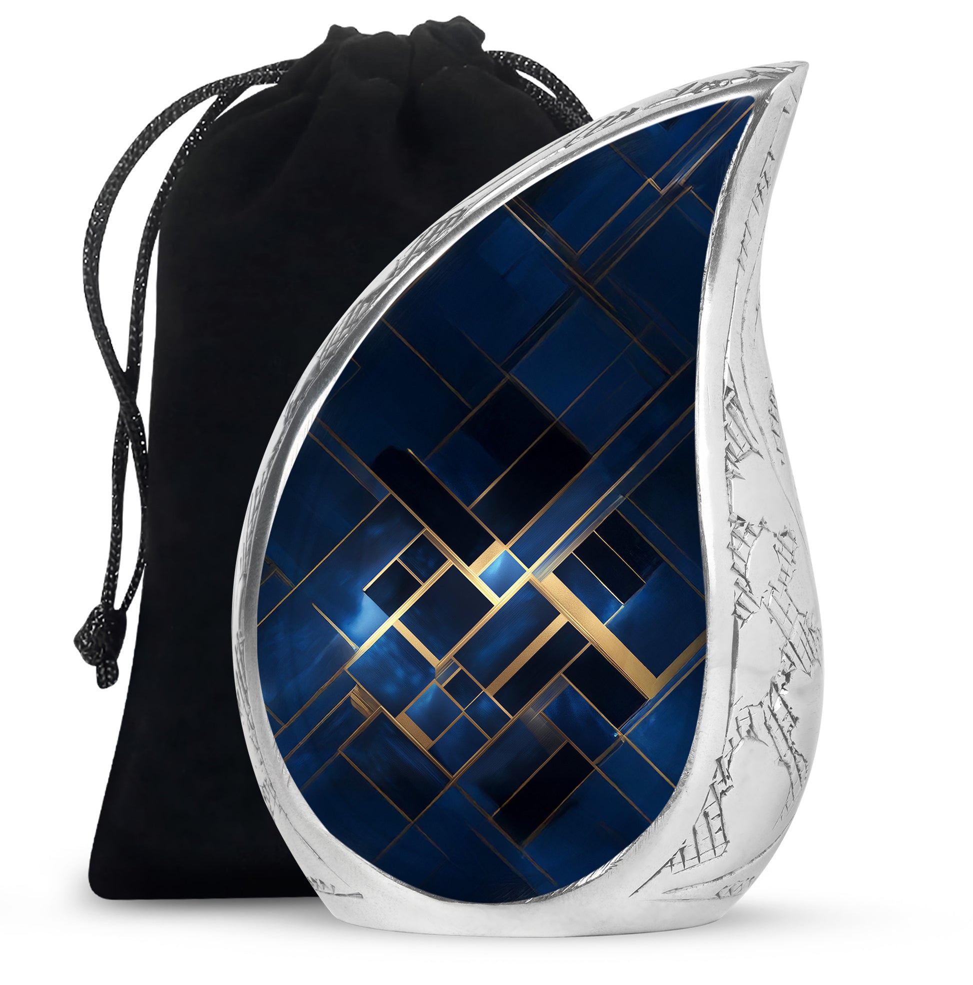 Sapphire Blue Blue Cremation Urn front view showing detailed design - graceful tear-shaped urn with blue motif - full-size 10 inch 200 cubic inch adult cremation urn