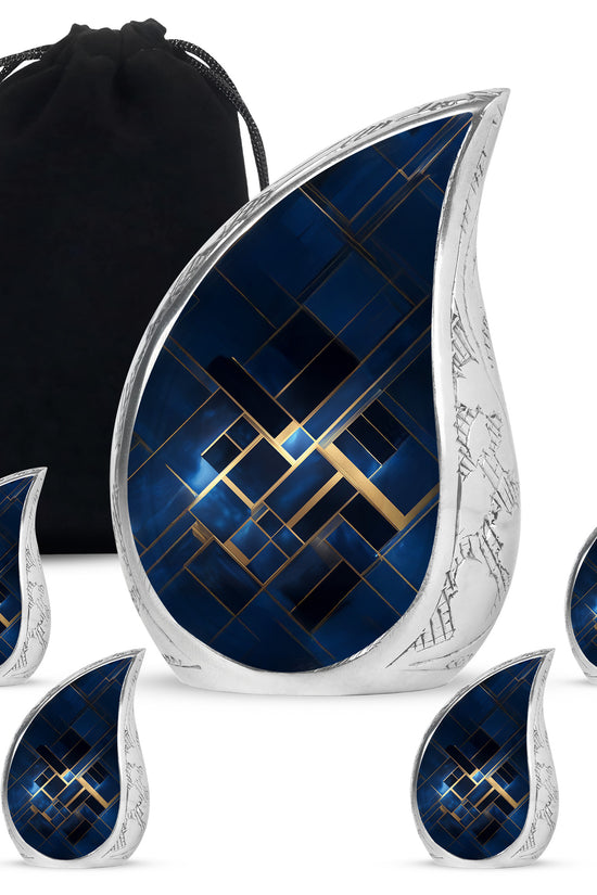 Sapphire Blue Blue Cremation Urn side profile showing urn shape - graceful tear-shaped urn with blue motif - memorial set with one large and four small urns