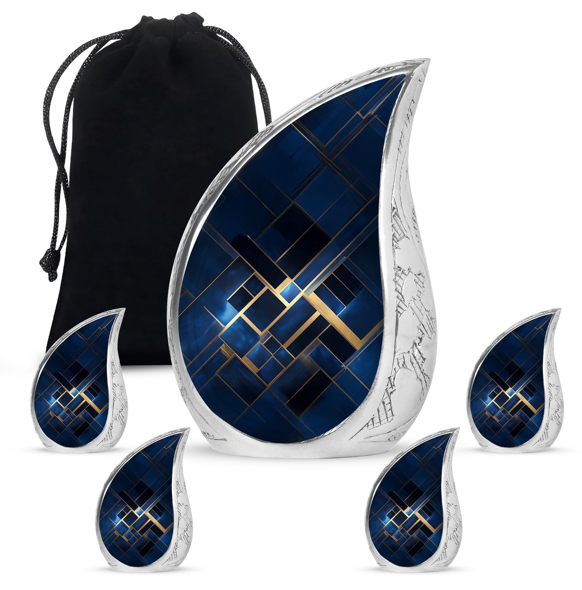 Sapphire Blue Blue Cremation Urn side profile showing urn shape - graceful tear-shaped urn with blue motif - memorial set with one large and four small urns