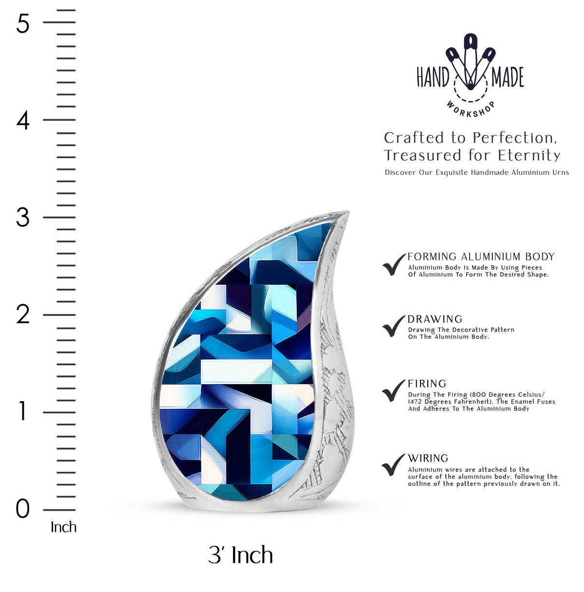 Twilight Blue Blue Cremation Urn angled view of lid and engraved motif - graceful tear-shaped urn with blue motif - mini keepsake memorial for portion of cremation ashes