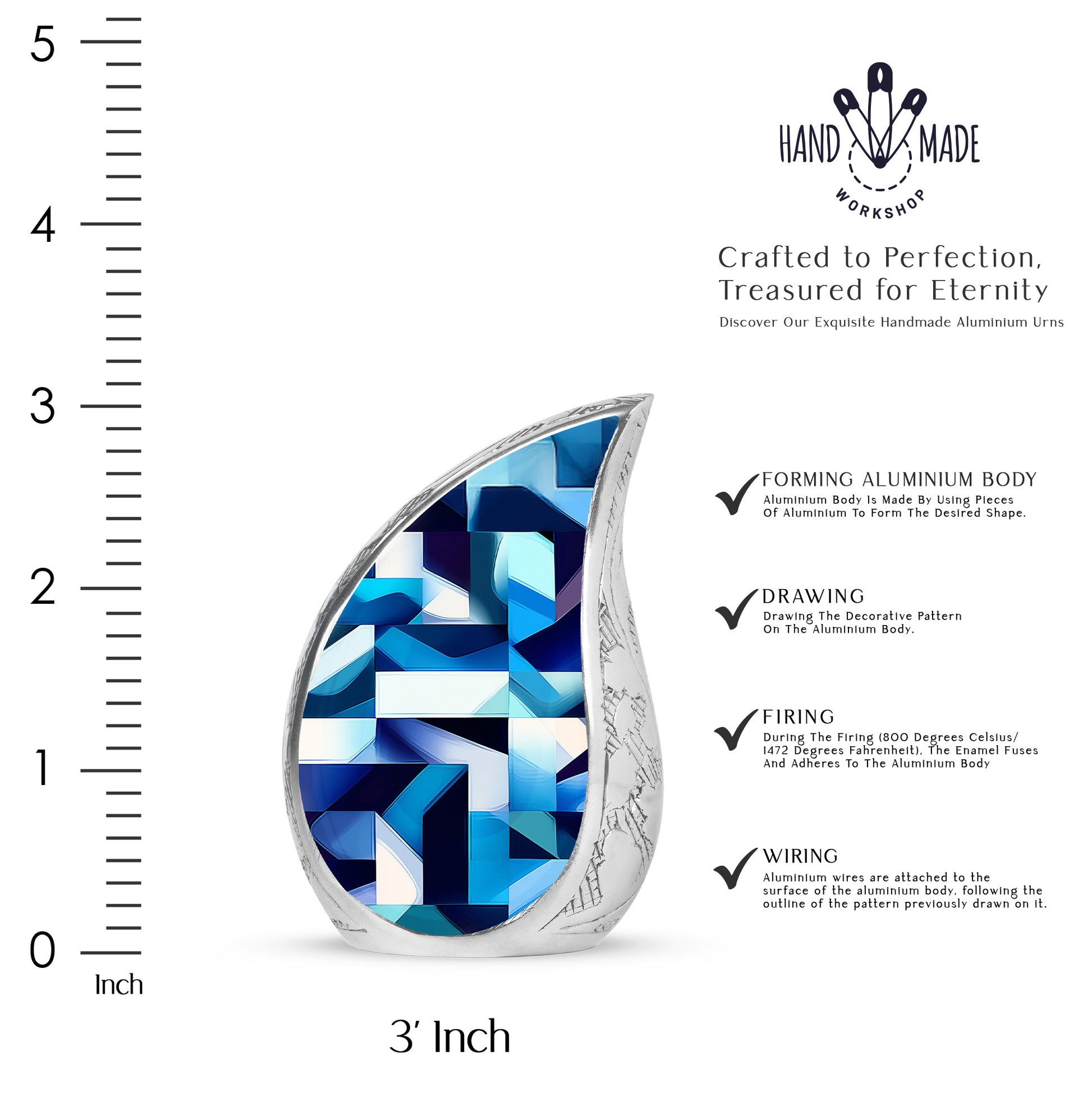Twilight Blue Blue Cremation Urn angled view of lid and engraved motif - graceful tear-shaped urn with blue motif - mini keepsake memorial for portion of cremation ashes