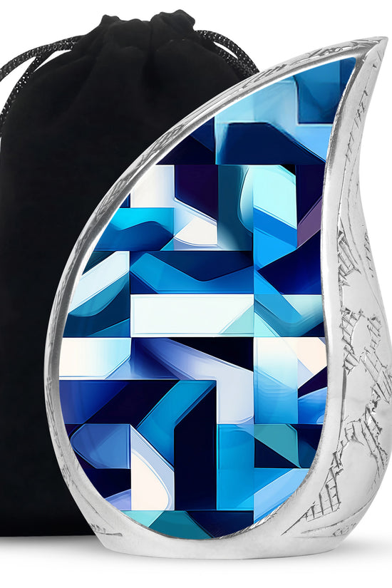Cornflower Blue Blue Cremation Urn front view showing detailed design - smooth teardrop contour featuring blue art - full-size 10 inch 200 cubic inch adult cremation urn