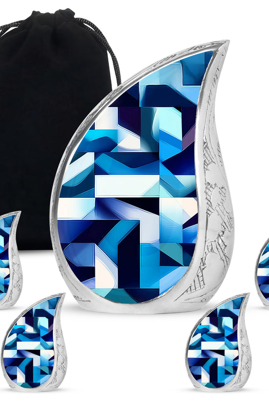 Royal Blue Blue Cremation Urn side profile showing urn shape - smooth teardrop contour featuring blue art - memorial set with one large and four small urns