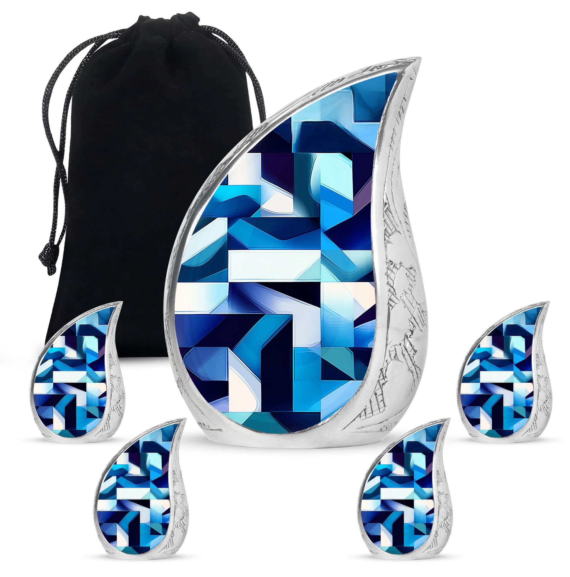 Royal Blue Blue Cremation Urn side profile showing urn shape - smooth teardrop contour featuring blue art - memorial set with one large and four small urns