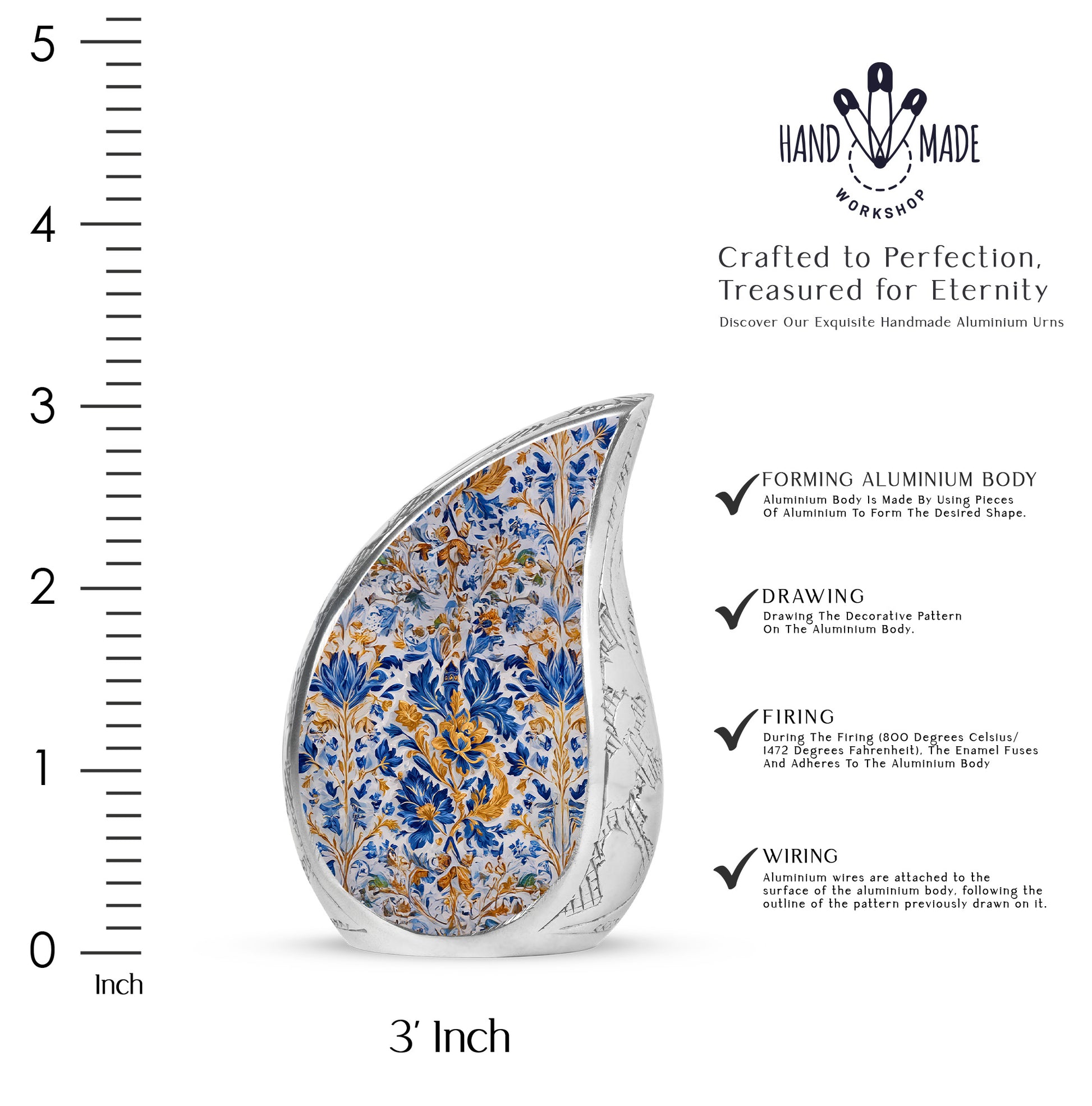 Steel Gray Blue Cremation Urn angled view of lid and engraved motif - smooth teardrop contour featuring blue art - mini keepsake memorial for portion of cremation ashes