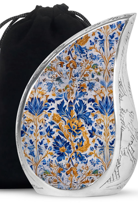 Steel Gray Blue Cremation Urn front view showing detailed design - smooth teardrop contour featuring blue art - full-size 10 inch 200 cubic inch adult cremation urn