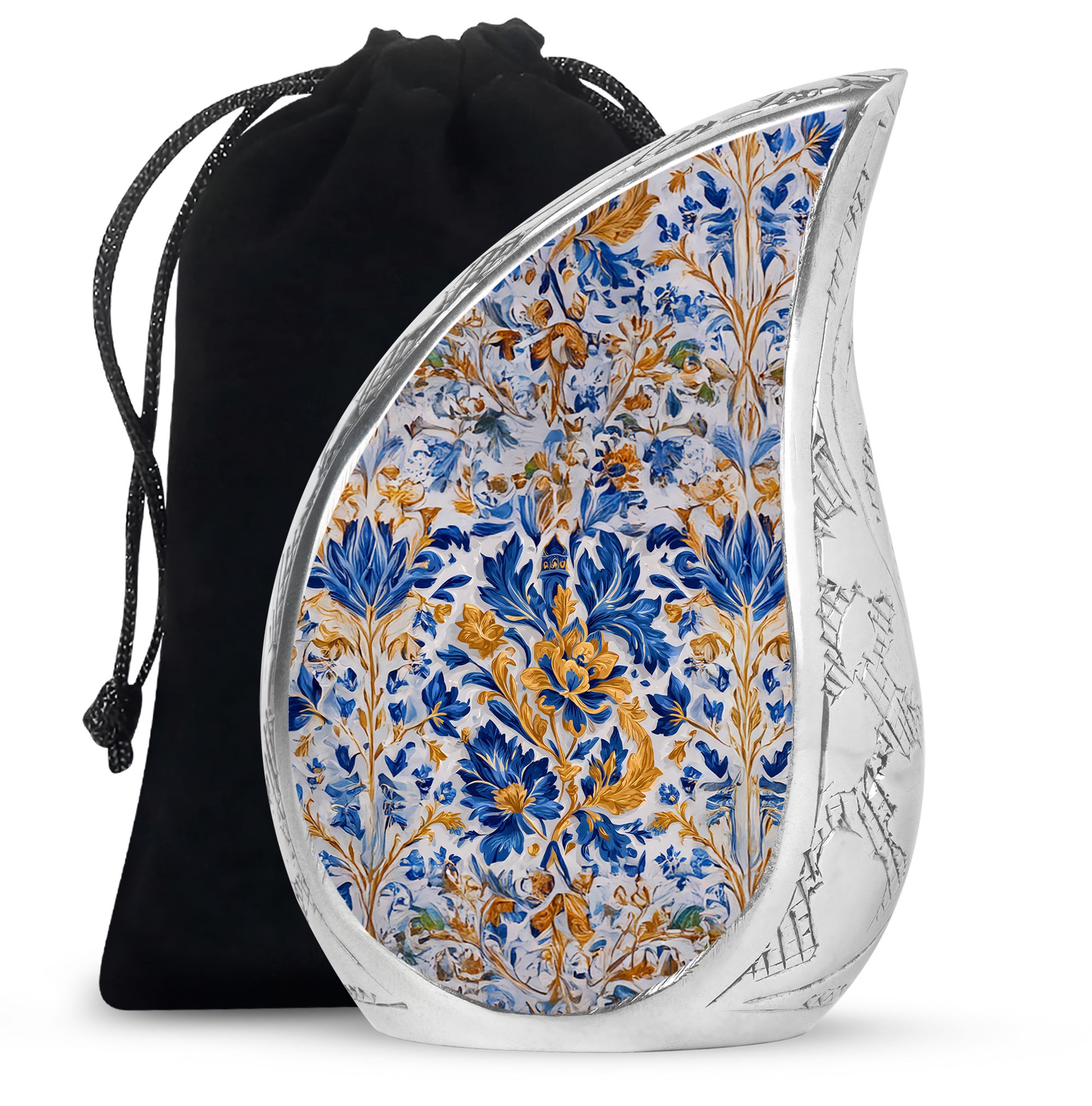 Steel Gray Blue Cremation Urn front view showing detailed design - smooth teardrop contour featuring blue art - full-size 10 inch 200 cubic inch adult cremation urn
