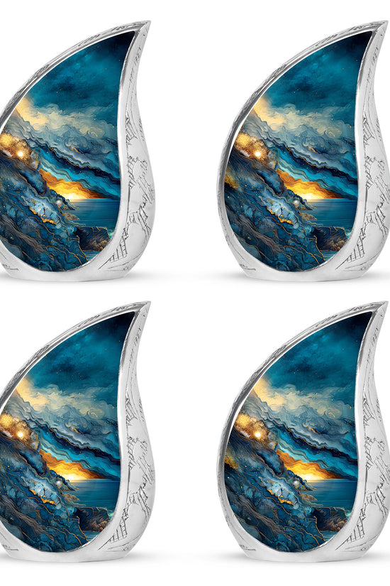 Celestial Blue Blue Cremation Urn close-up of engraving and surface detail - rounded teardrop blue design with delicate detail - 10 inch aluminum urn for cremated remains