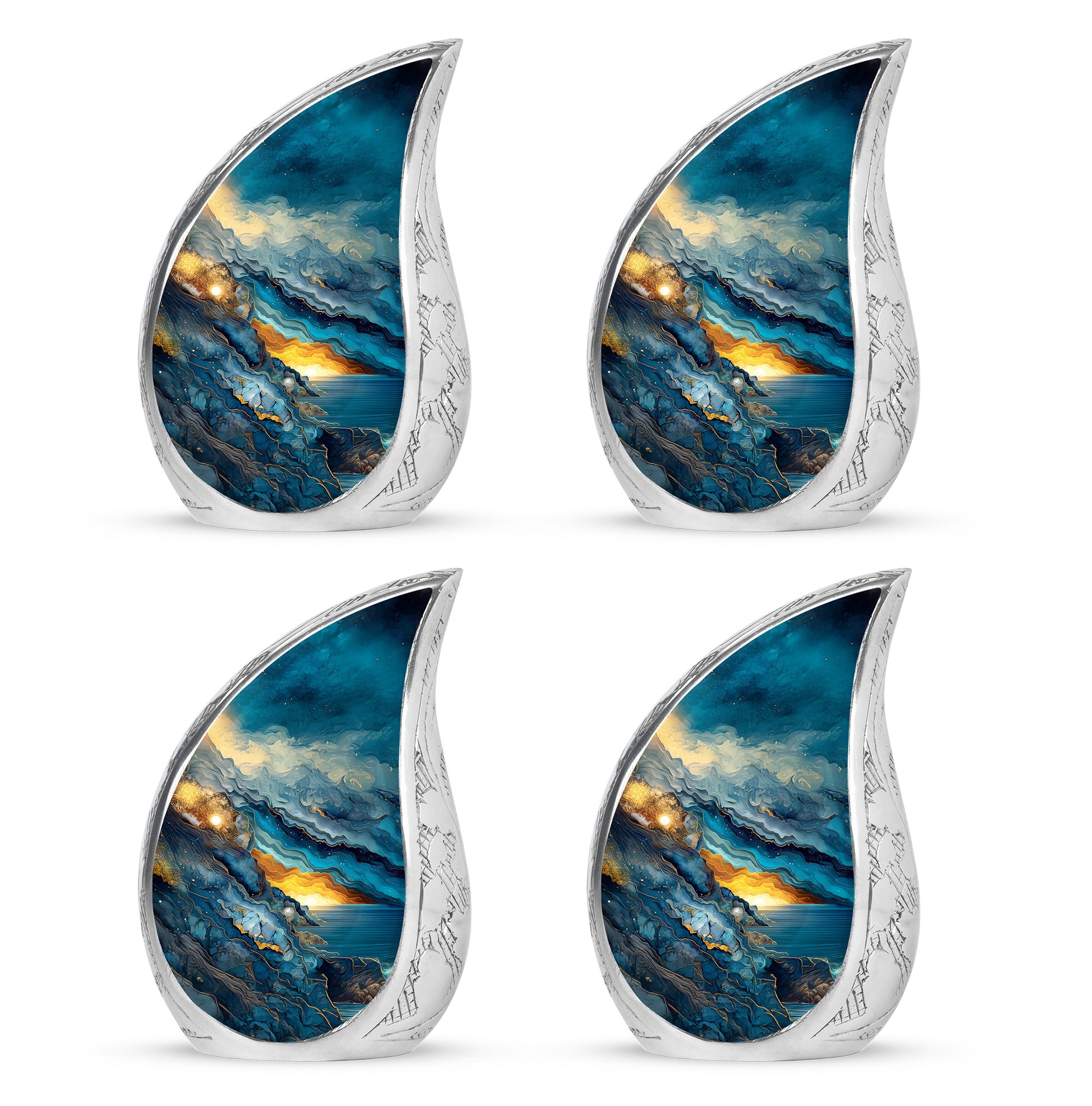 Celestial Blue Blue Cremation Urn close-up of engraving and surface detail - rounded teardrop blue design with delicate detail - 10 inch aluminum urn for cremated remains
