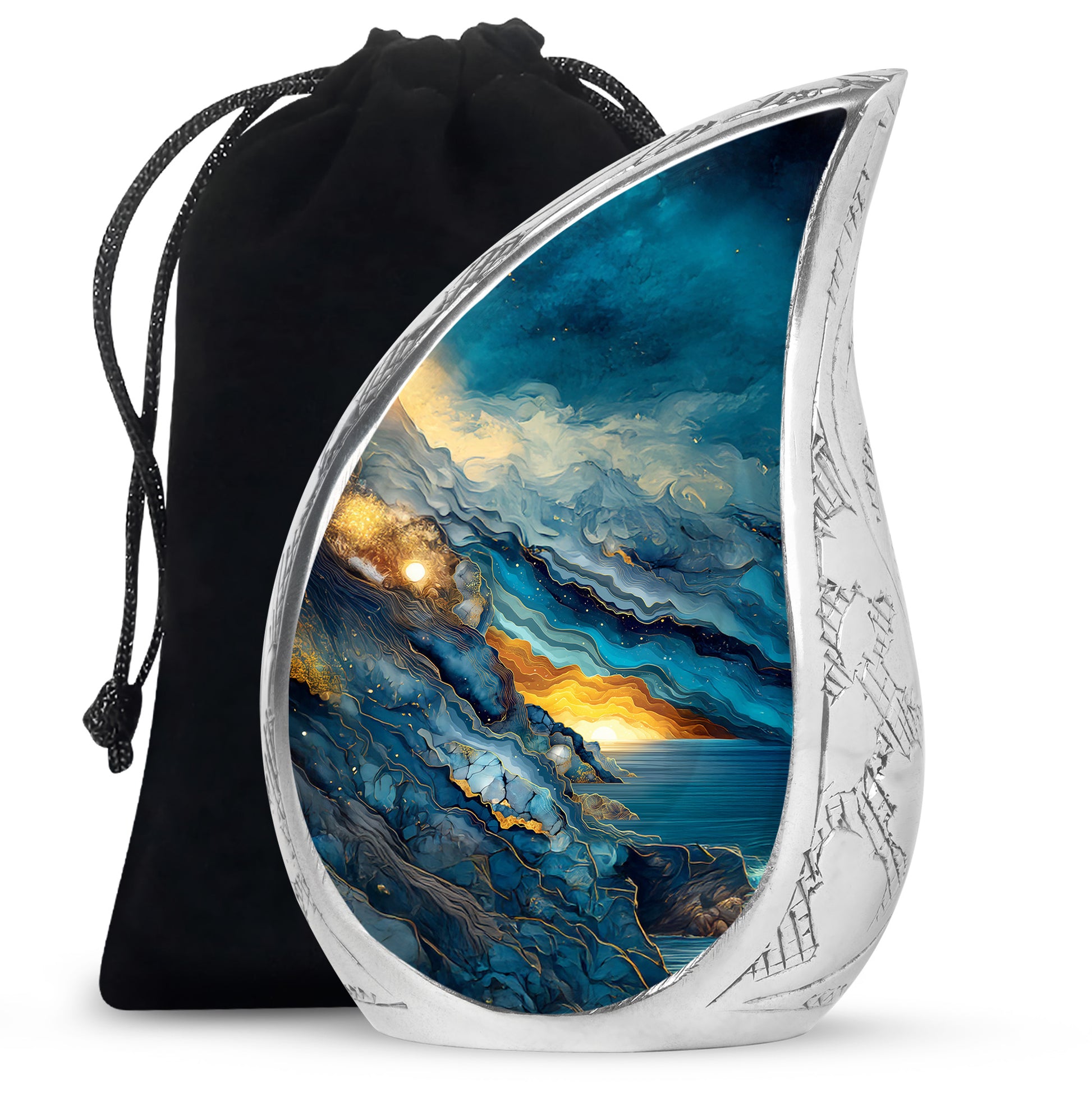 Powder Blue Blue Cremation Urn front view showing detailed design - flowing teardrop blue silhouette on curved aluminum - full-size 10 inch 200 cubic inch adult cremation urn