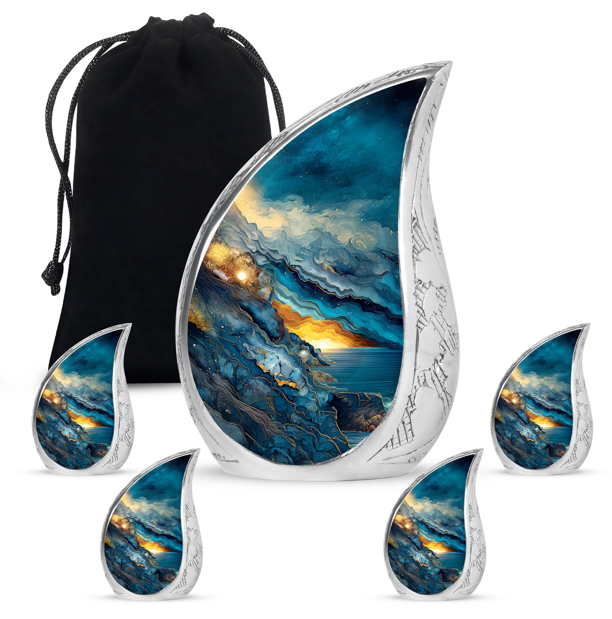 Icy Blue Blue Cremation Urn side profile showing urn shape - flowing teardrop blue silhouette on curved aluminum - memorial set with one large and four small urns