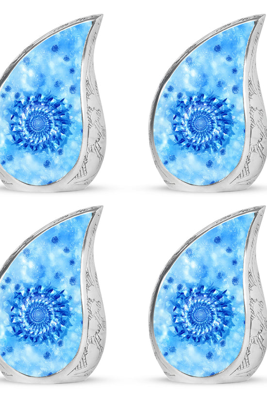 Calming Blue Blue Cremation Urn close-up of engraving and surface detail - smooth teardrop contour featuring blue art - 10 inch aluminum urn for cremated remains