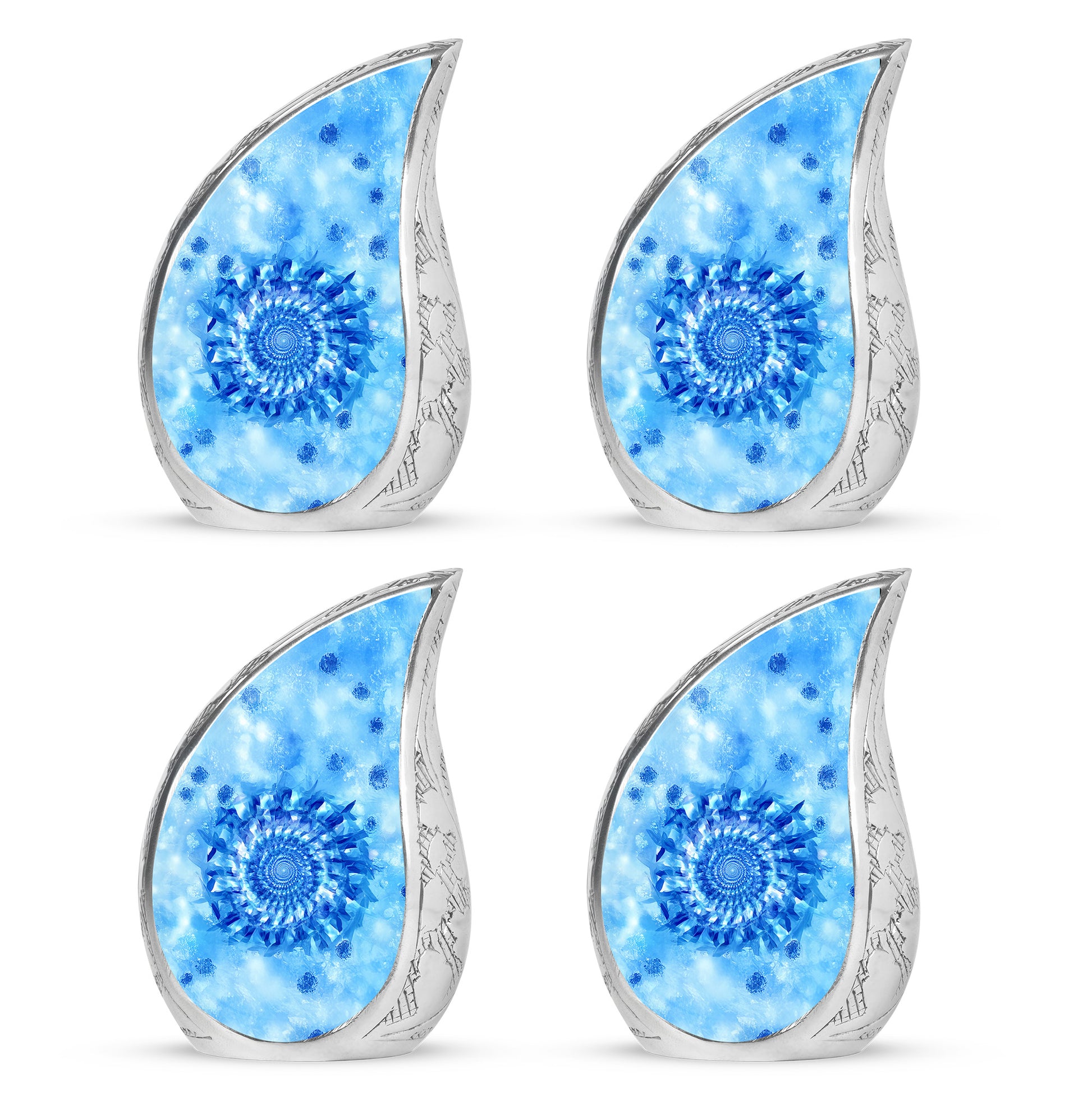 Calming Blue Blue Cremation Urn close-up of engraving and surface detail - smooth teardrop contour featuring blue art - 10 inch aluminum urn for cremated remains