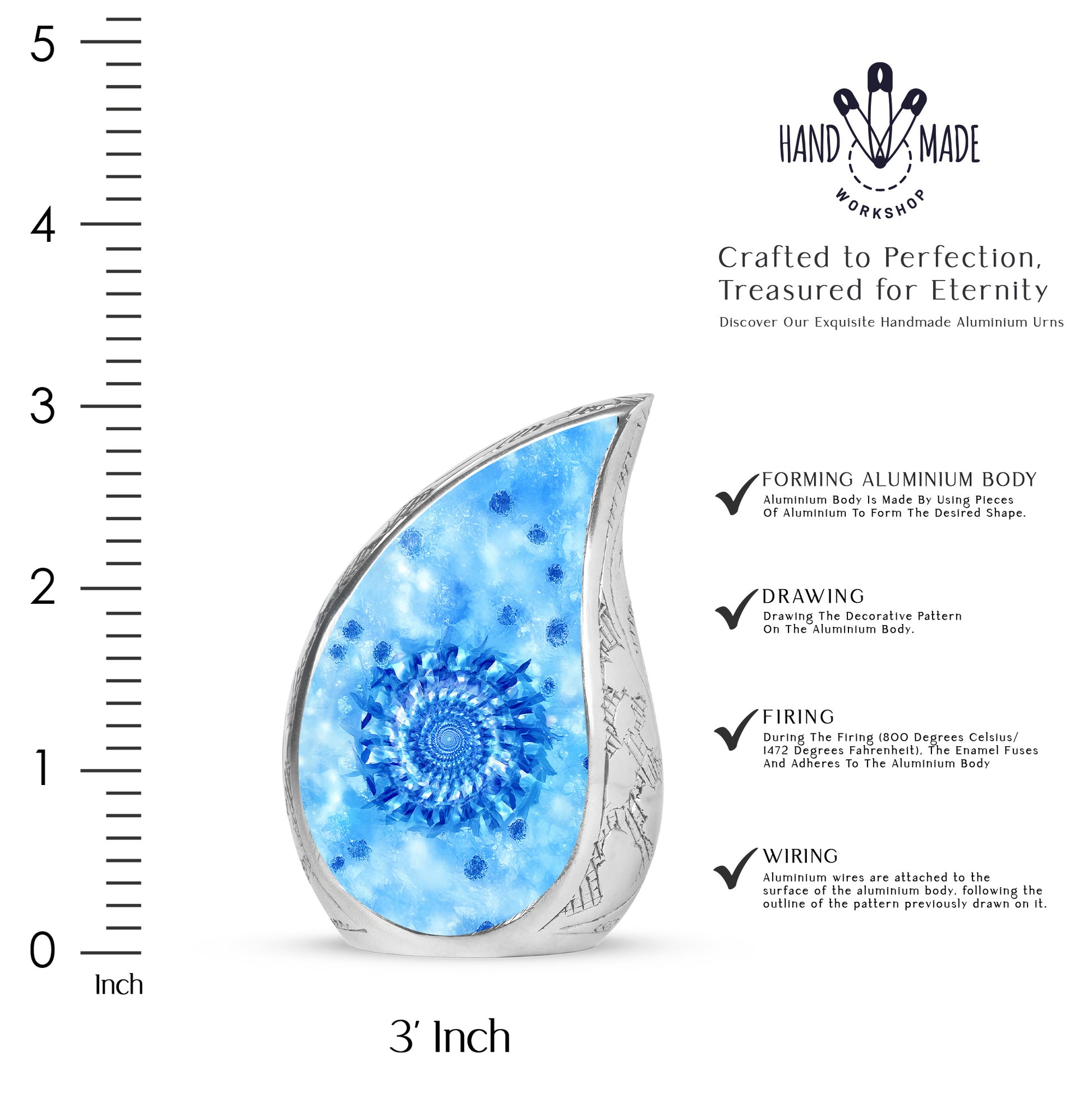 Soft Blue Blue Cremation Urn angled view of lid and engraved motif - graceful tear-shaped urn with blue motif - mini keepsake memorial for portion of cremation ashes