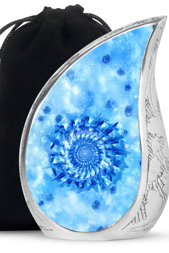 Calming Blue Blue Cremation Urn front view showing detailed design - graceful tear-shaped urn with blue motif - full-size 10 inch 200 cubic inch adult cremation urn