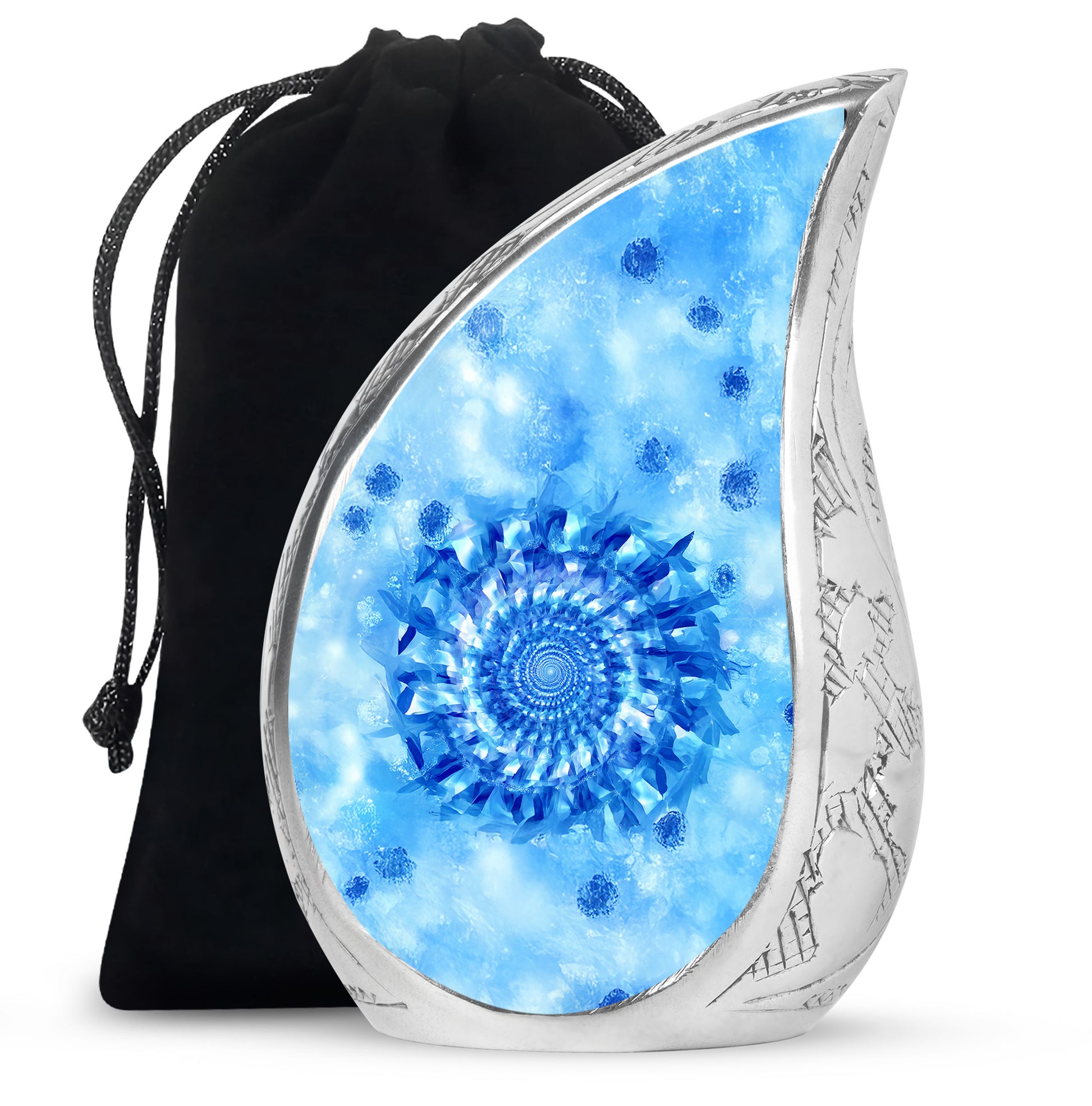 Calming Blue Blue Cremation Urn front view showing detailed design - graceful tear-shaped urn with blue motif - full-size 10 inch 200 cubic inch adult cremation urn