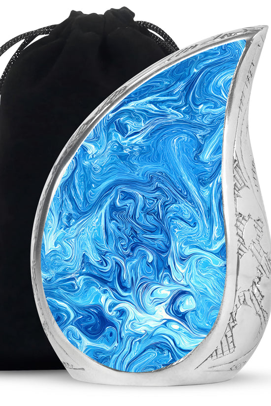Sapphire Blue Blue Cremation Urn front view showing detailed design - graceful tear-shaped urn with blue motif - full-size 10 inch 200 cubic inch adult cremation urn