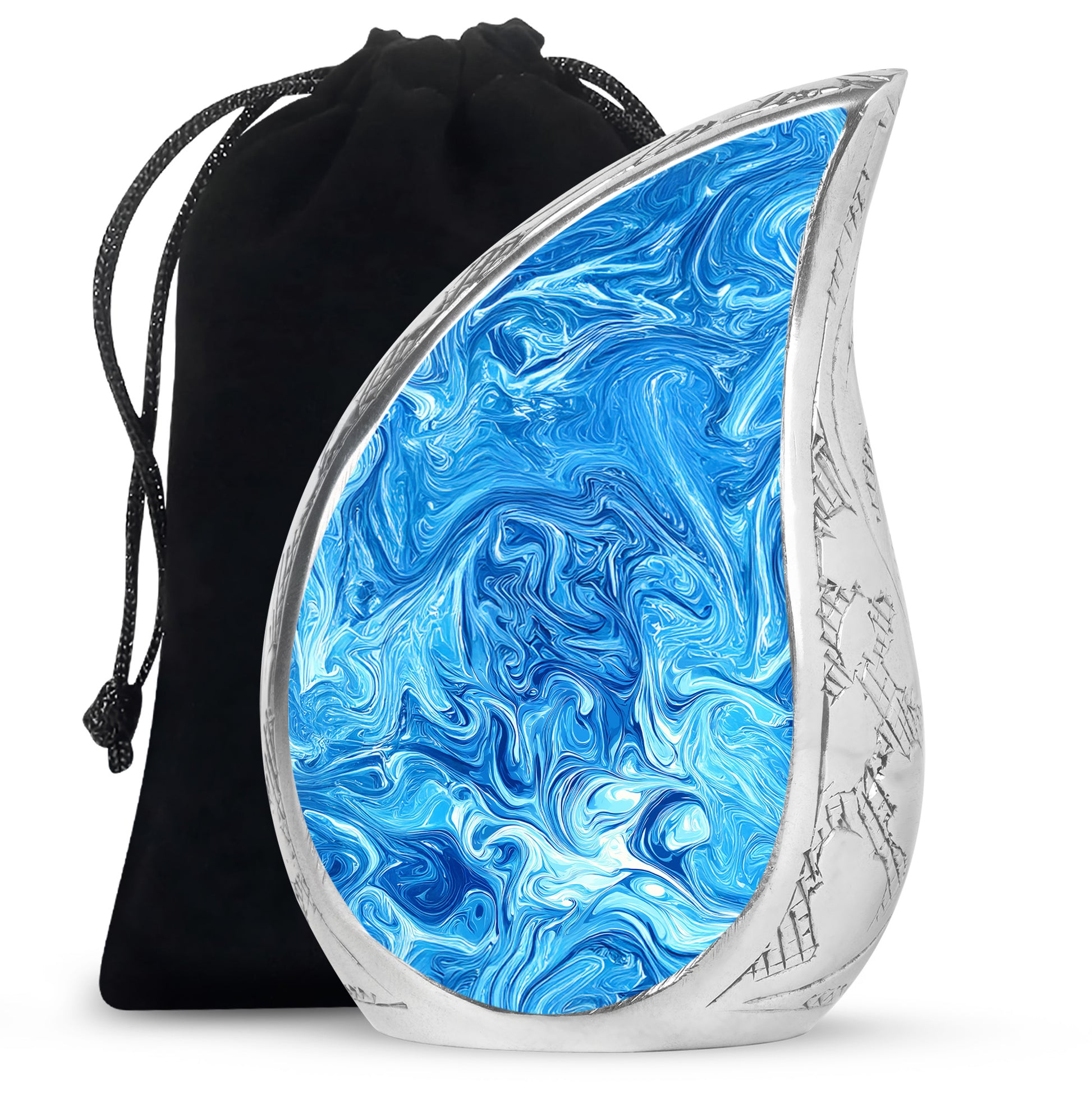 Sapphire Blue Blue Cremation Urn front view showing detailed design - graceful tear-shaped urn with blue motif - full-size 10 inch 200 cubic inch adult cremation urn