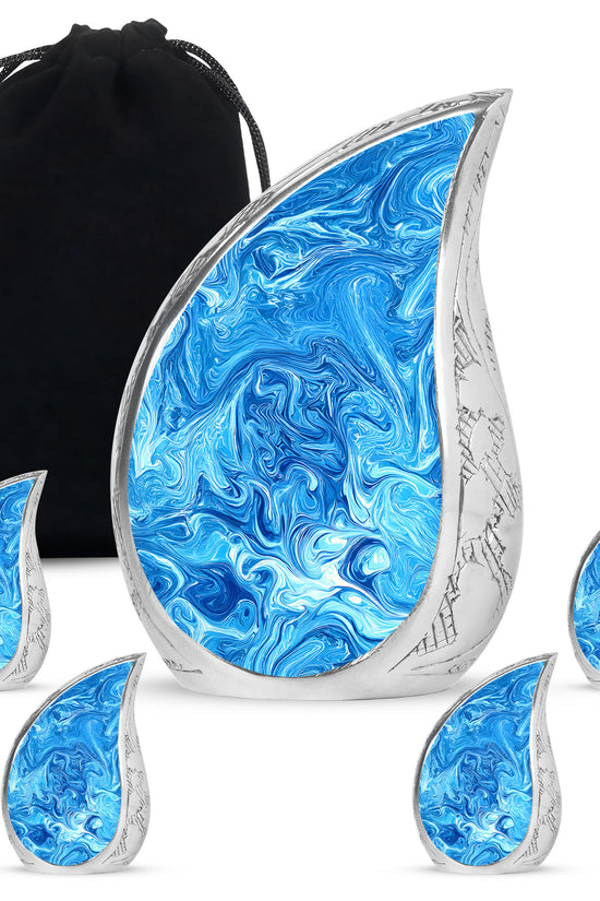 Bright Blue Blue Cremation Urn side profile showing urn shape - graceful tear-shaped urn with blue motif - memorial set with one large and four small urns