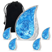 Bright Blue Blue Cremation Urn side profile showing urn shape - graceful tear-shaped urn with blue motif - memorial set with one large and four small urns