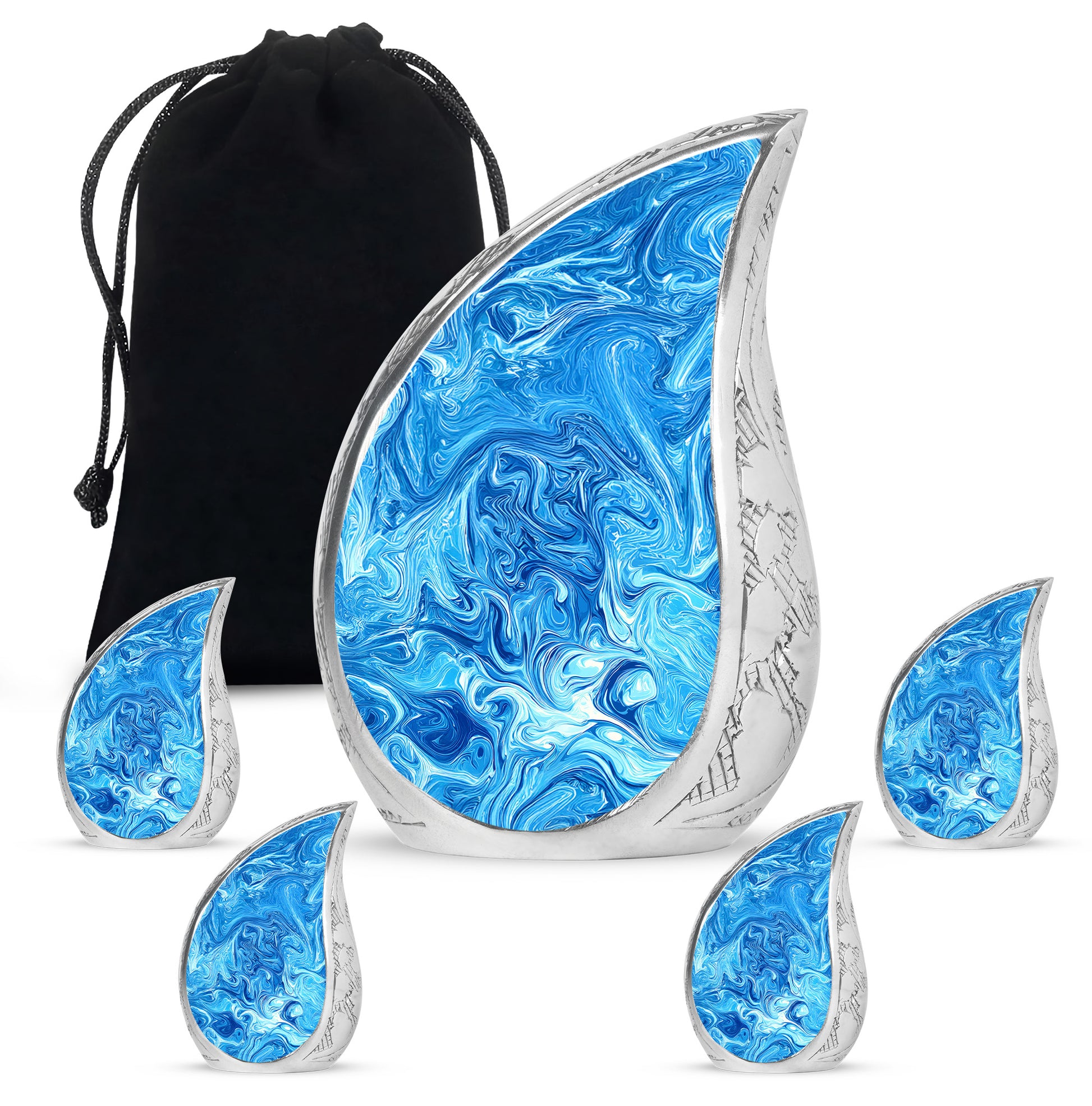 Bright Blue Blue Cremation Urn side profile showing urn shape - graceful tear-shaped urn with blue motif - memorial set with one large and four small urns