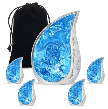 Bright Blue Blue Cremation Urn side profile showing urn shape - graceful tear-shaped urn with blue motif - memorial set with one large and four small urns