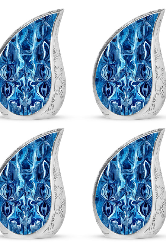 Serene Blue Blue Cremation Urn close-up of engraving and surface detail - graceful tear-shaped urn with blue motif - 10 inch aluminum urn for cremated remains