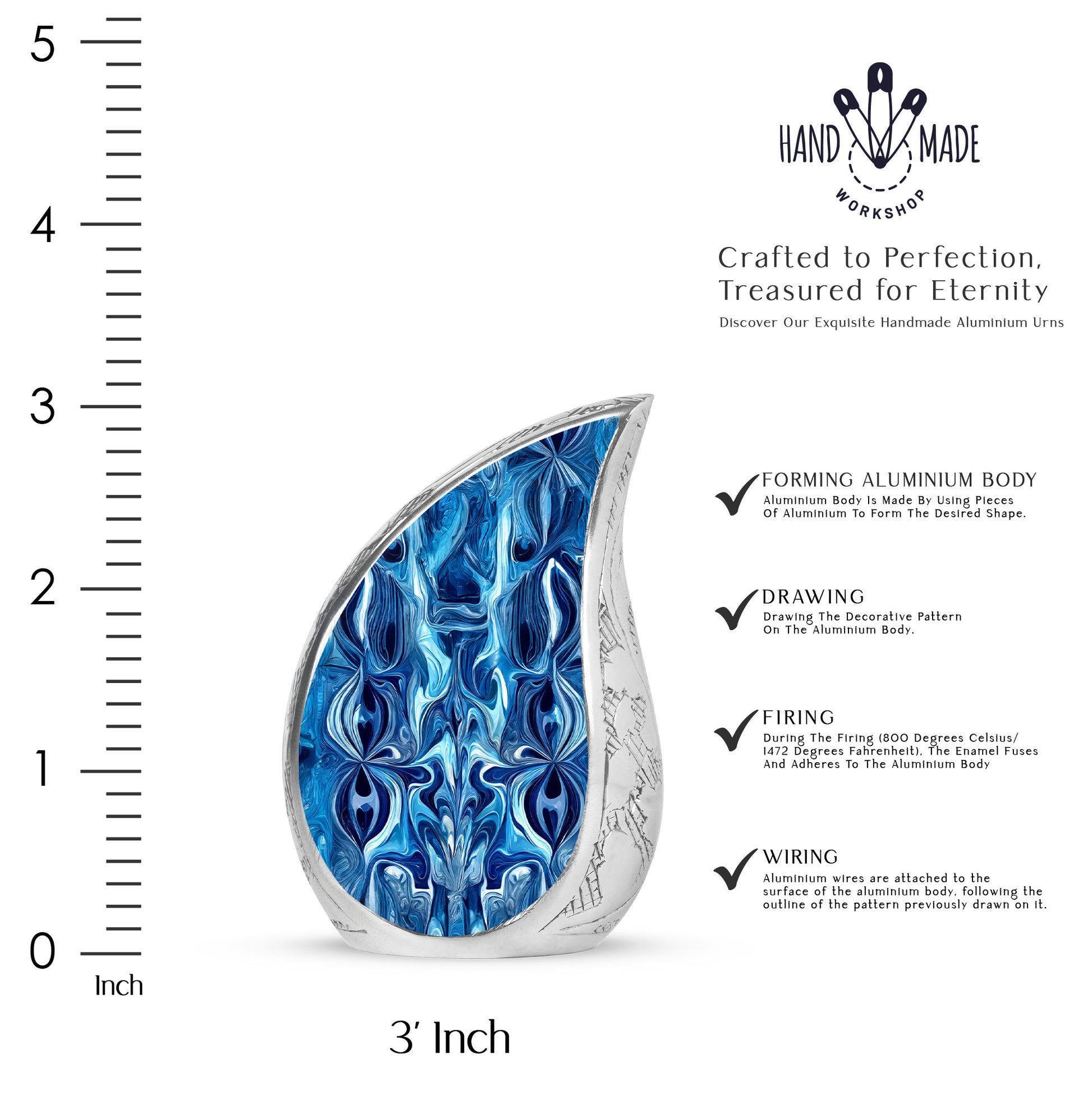 Navy Blue Blue Cremation Urn angled view of lid and engraved motif - rounded teardrop blue design with delicate detail - mini keepsake memorial for portion of cremation ashes