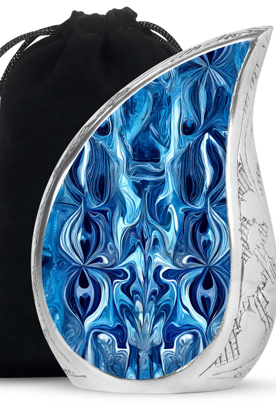 Vivid Blue Blue Cremation Urn front view showing detailed design - graceful tear-shaped urn with blue motif - full-size 10 inch 200 cubic inch adult cremation urn