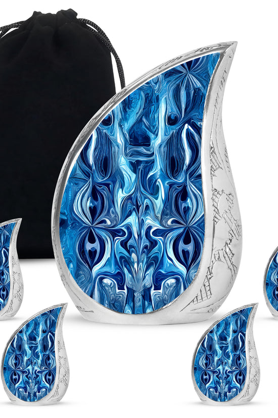 Cobalt Blue Blue Cremation Urn side profile showing urn shape - graceful tear-shaped urn with blue motif - memorial set with one large and four small urns
