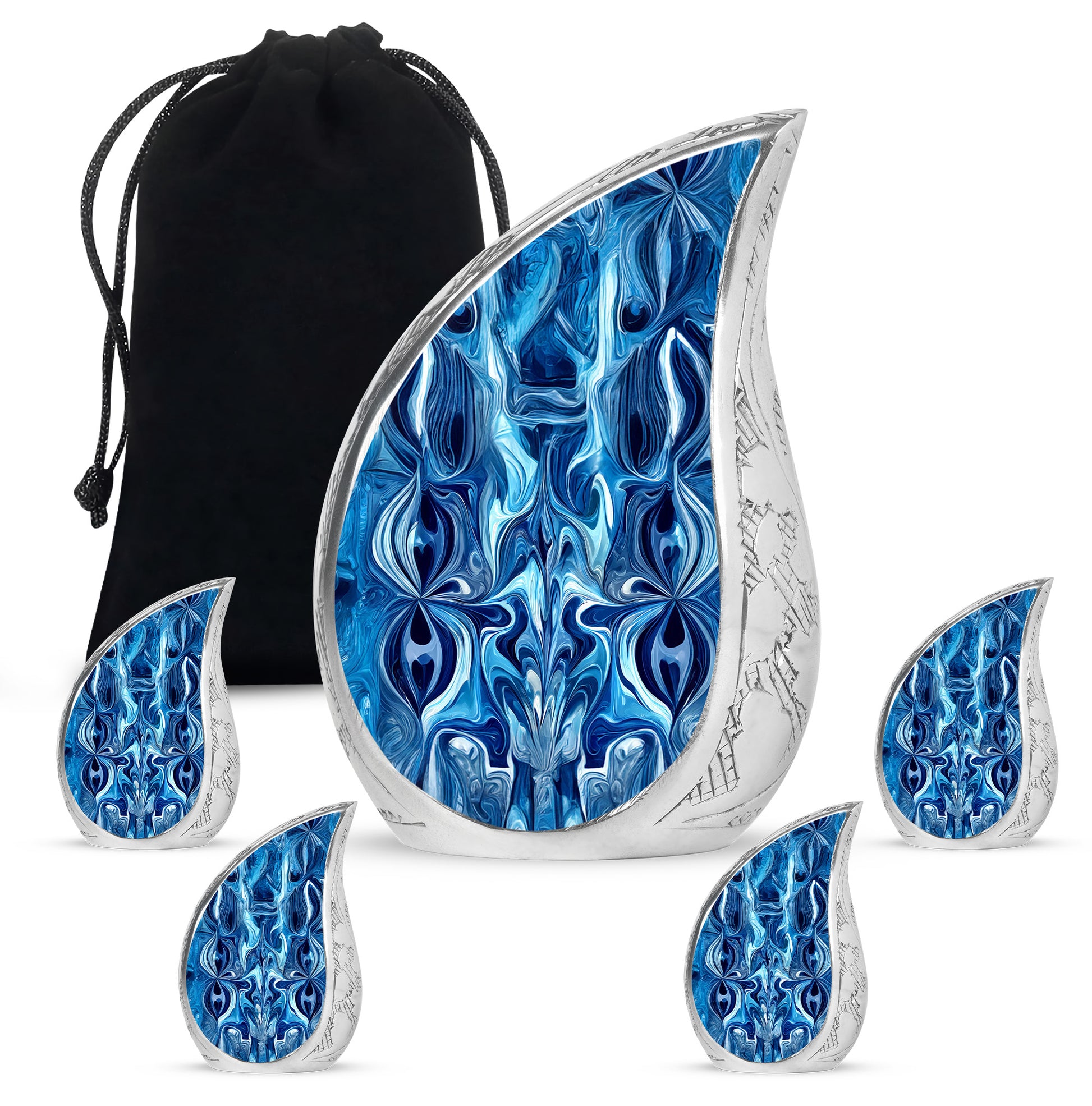 Cobalt Blue Blue Cremation Urn side profile showing urn shape - graceful tear-shaped urn with blue motif - memorial set with one large and four small urns