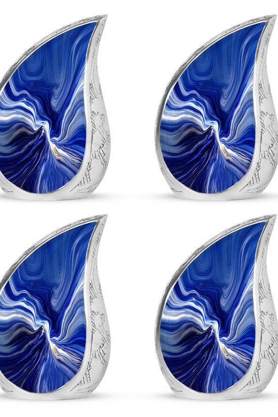 Serene Blue Blue Cremation Urn close-up of engraving and surface detail - smooth teardrop contour featuring blue art - 10 inch aluminum urn for cremated remains