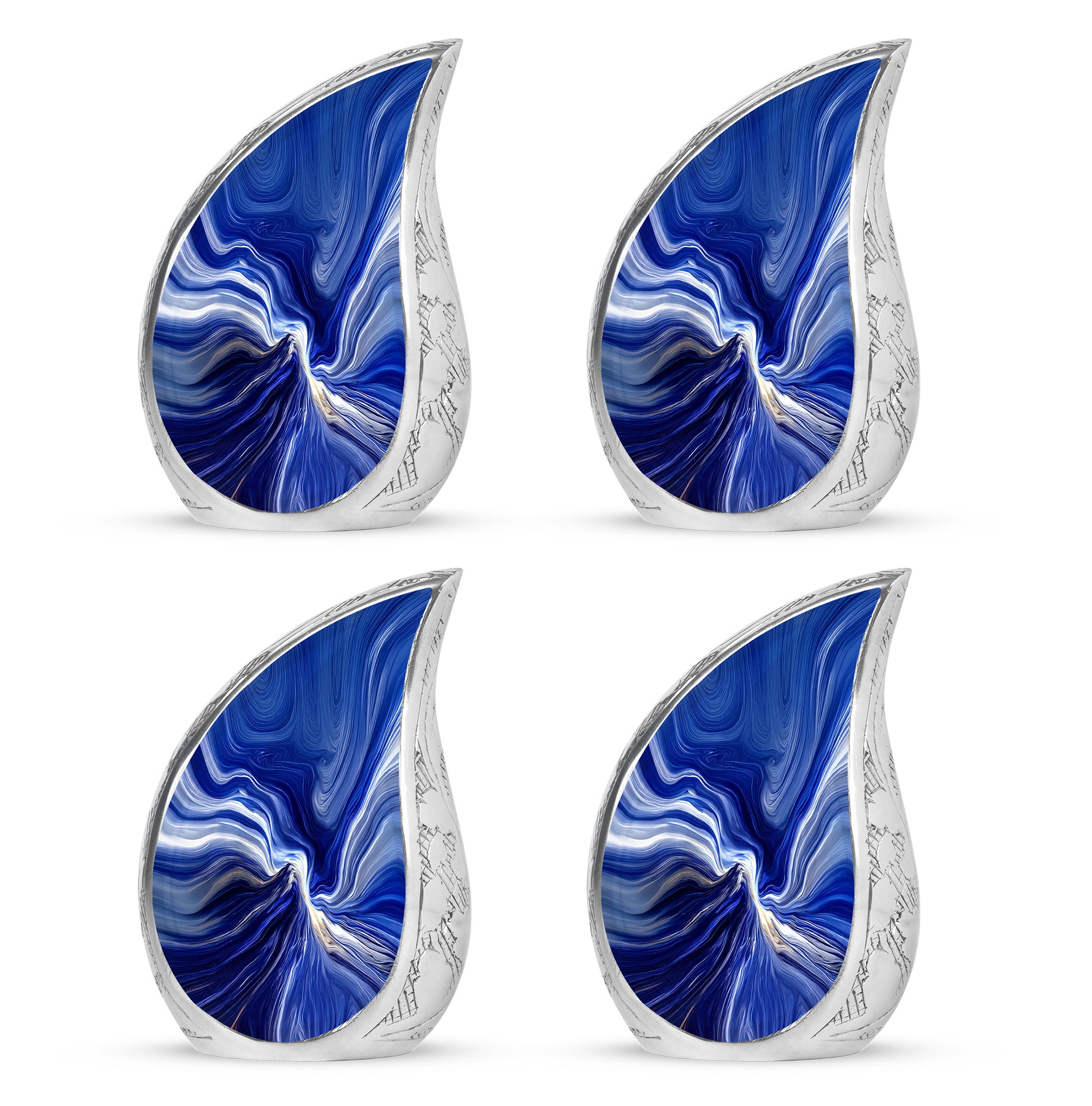 Serene Blue Blue Cremation Urn close-up of engraving and surface detail - smooth teardrop contour featuring blue art - 10 inch aluminum urn for cremated remains