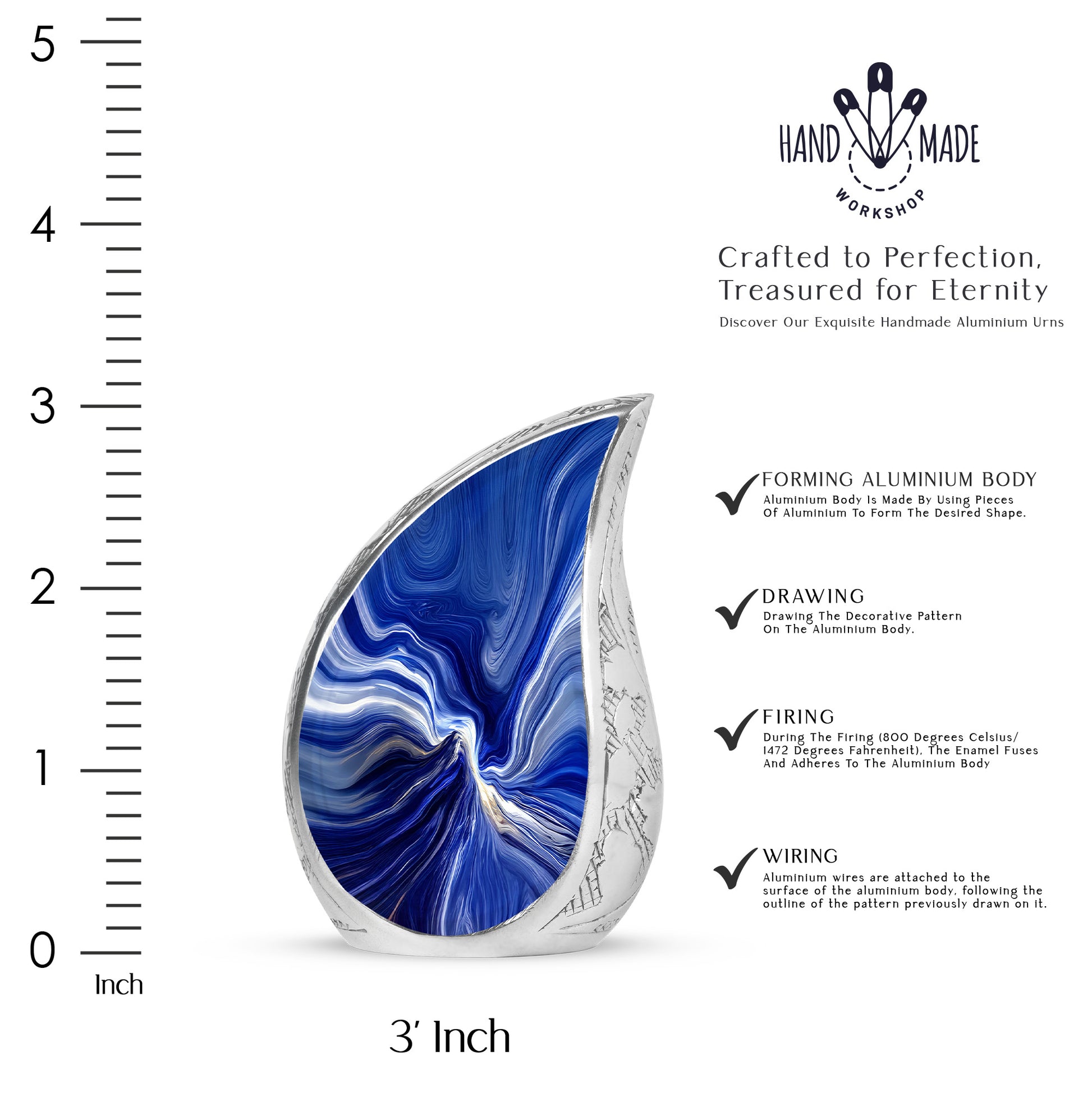 Soft Blue Blue Cremation Urn angled view of lid and engraved motif - smooth teardrop contour featuring blue art - mini keepsake memorial for portion of cremation ashes