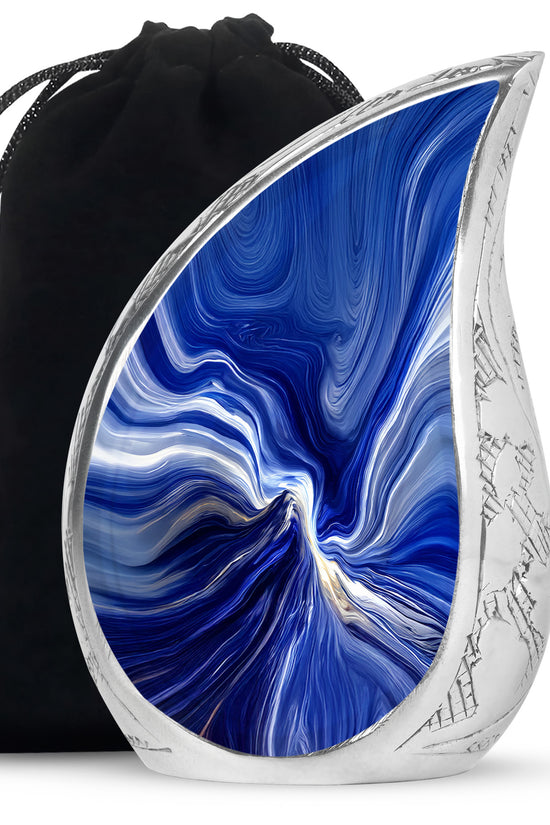 Azure Blue Cremation Urn front view showing detailed design - rounded teardrop blue design with delicate detail - full-size 10 inch 200 cubic inch adult cremation urn
