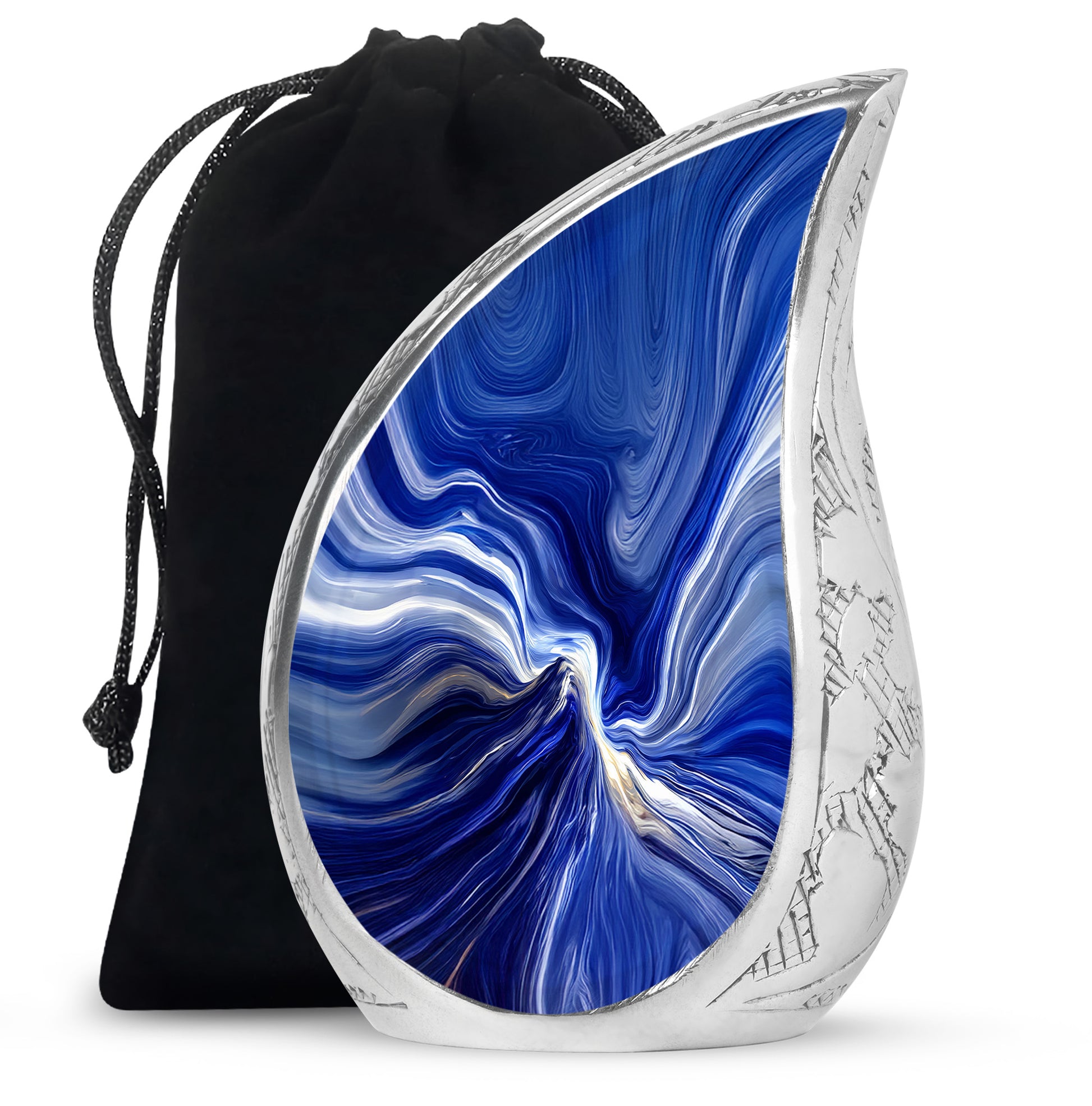Azure Blue Cremation Urn front view showing detailed design - rounded teardrop blue design with delicate detail - full-size 10 inch 200 cubic inch adult cremation urn