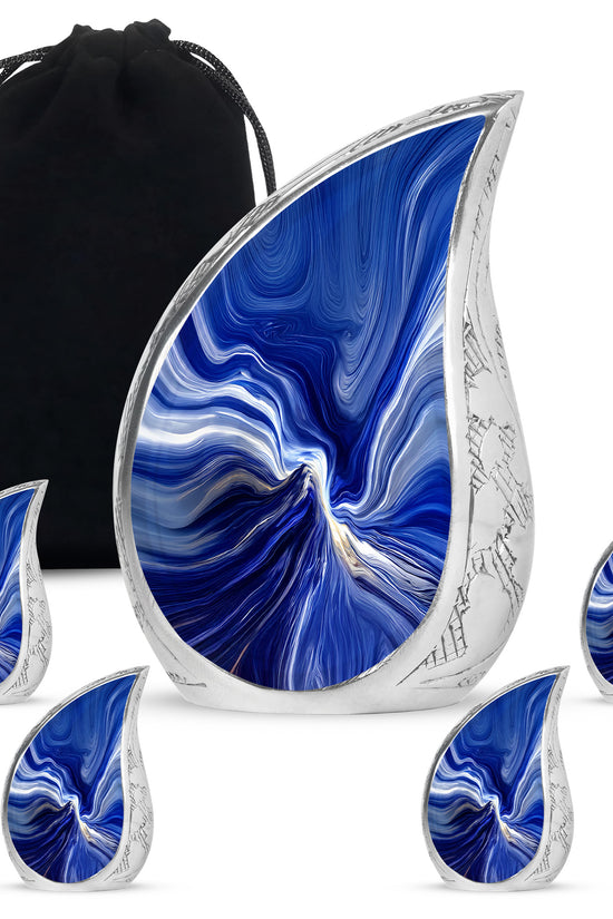 Royal Blue Blue Cremation Urn side profile showing urn shape - graceful tear-shaped urn with blue motif - memorial set with one large and four small urns
