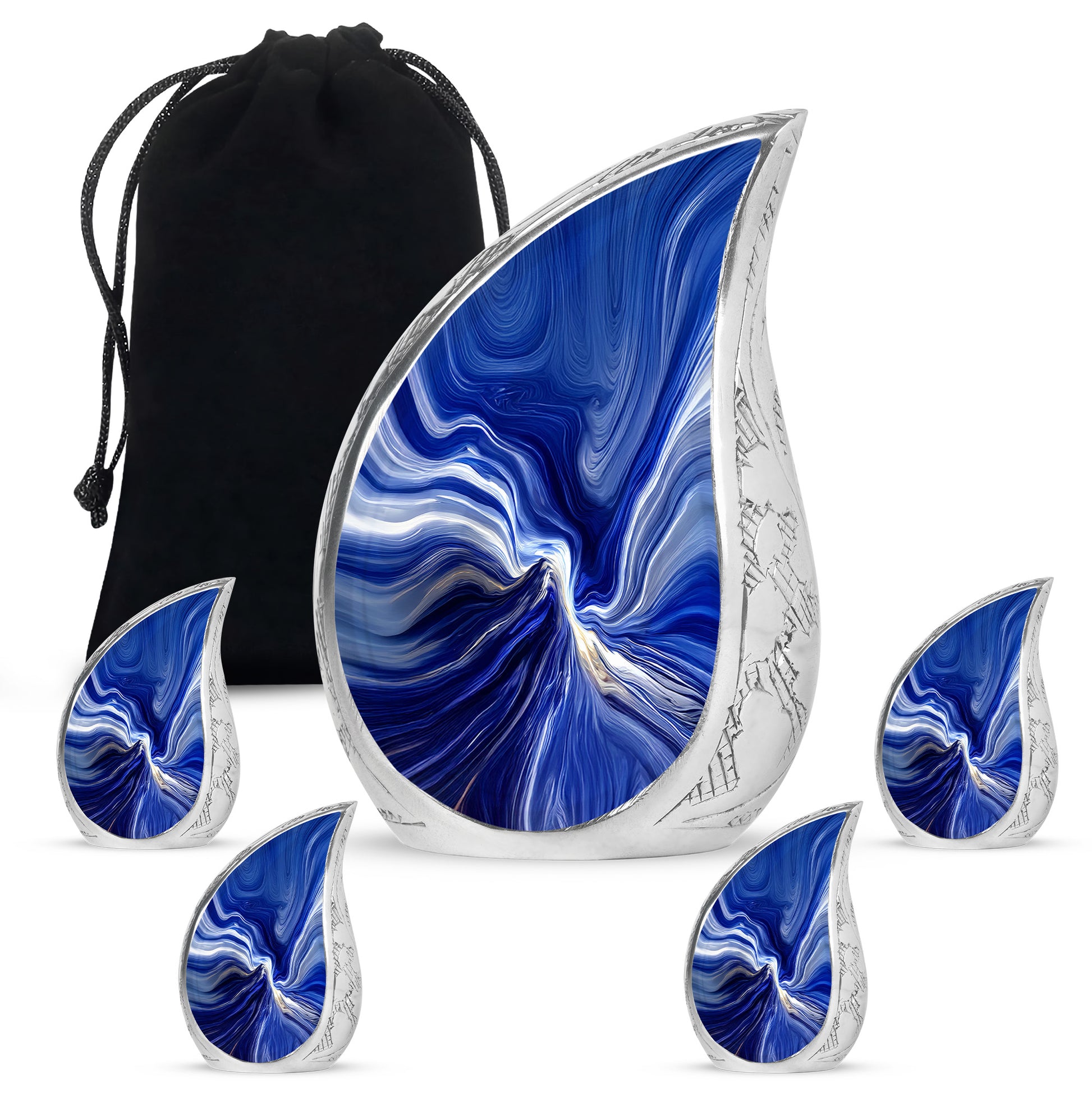 Royal Blue Blue Cremation Urn side profile showing urn shape - graceful tear-shaped urn with blue motif - memorial set with one large and four small urns