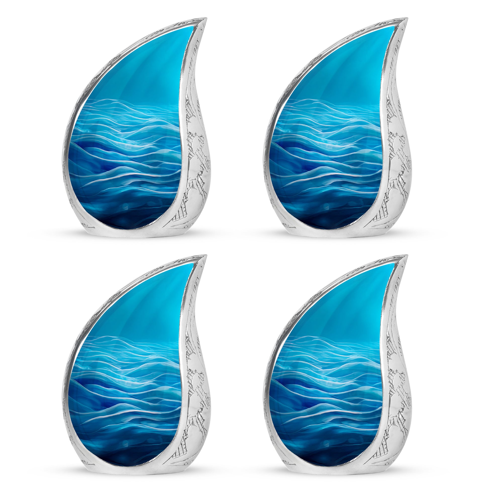 Icy Blue Blue Cremation Urn close-up of engraving and surface detail - flowing teardrop blue silhouette on curved aluminum - 10 inch aluminum urn for cremated remains