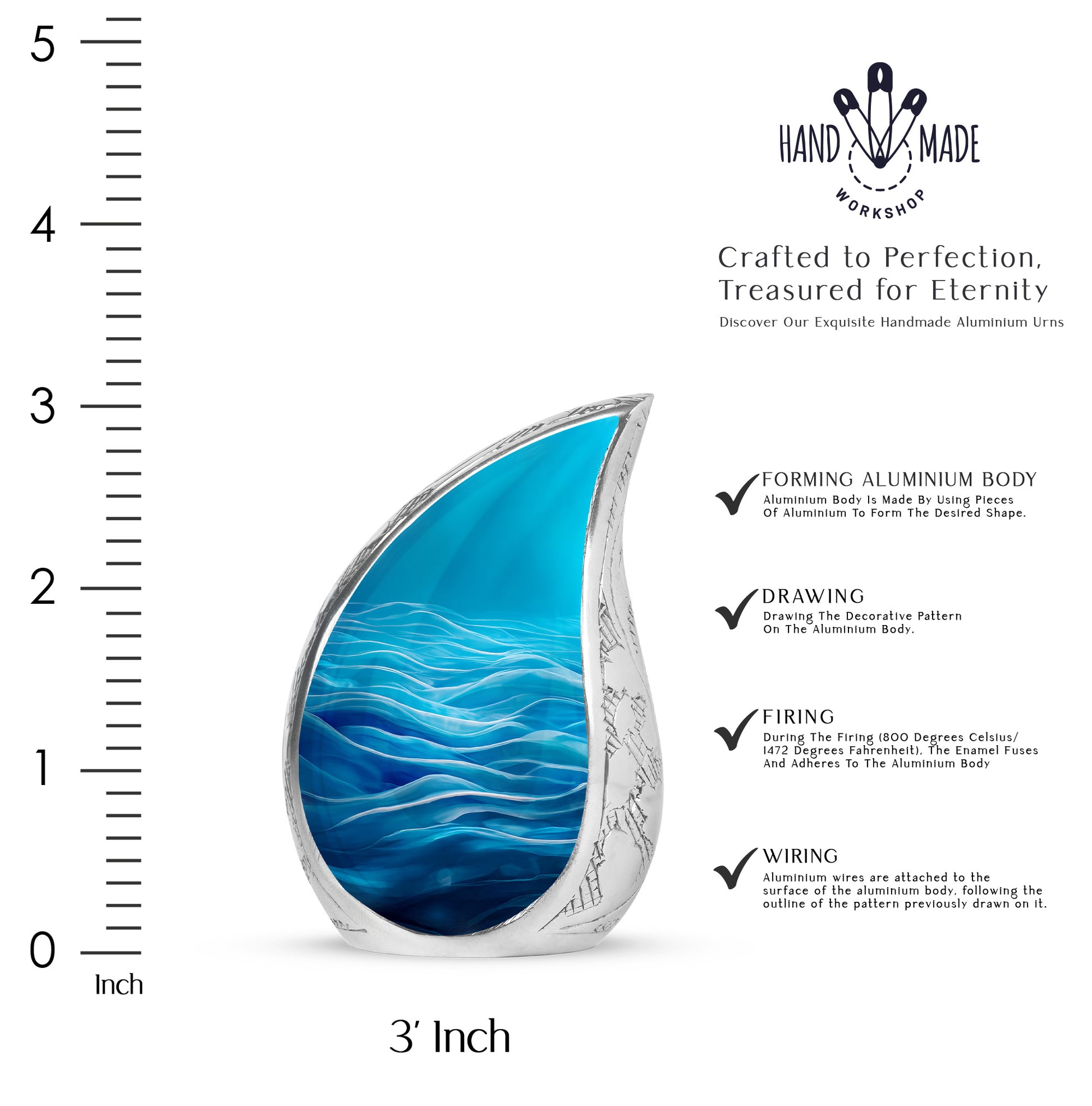 Pastel Blue Blue Cremation Urn angled view of lid and engraved motif - flowing teardrop blue silhouette on curved aluminum - mini keepsake memorial for portion of cremation ashes