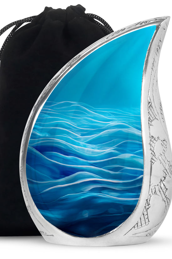 Misty Blue Blue Cremation Urn front view showing detailed design - rounded teardrop blue design with delicate detail - full-size 10 inch 200 cubic inch adult cremation urn