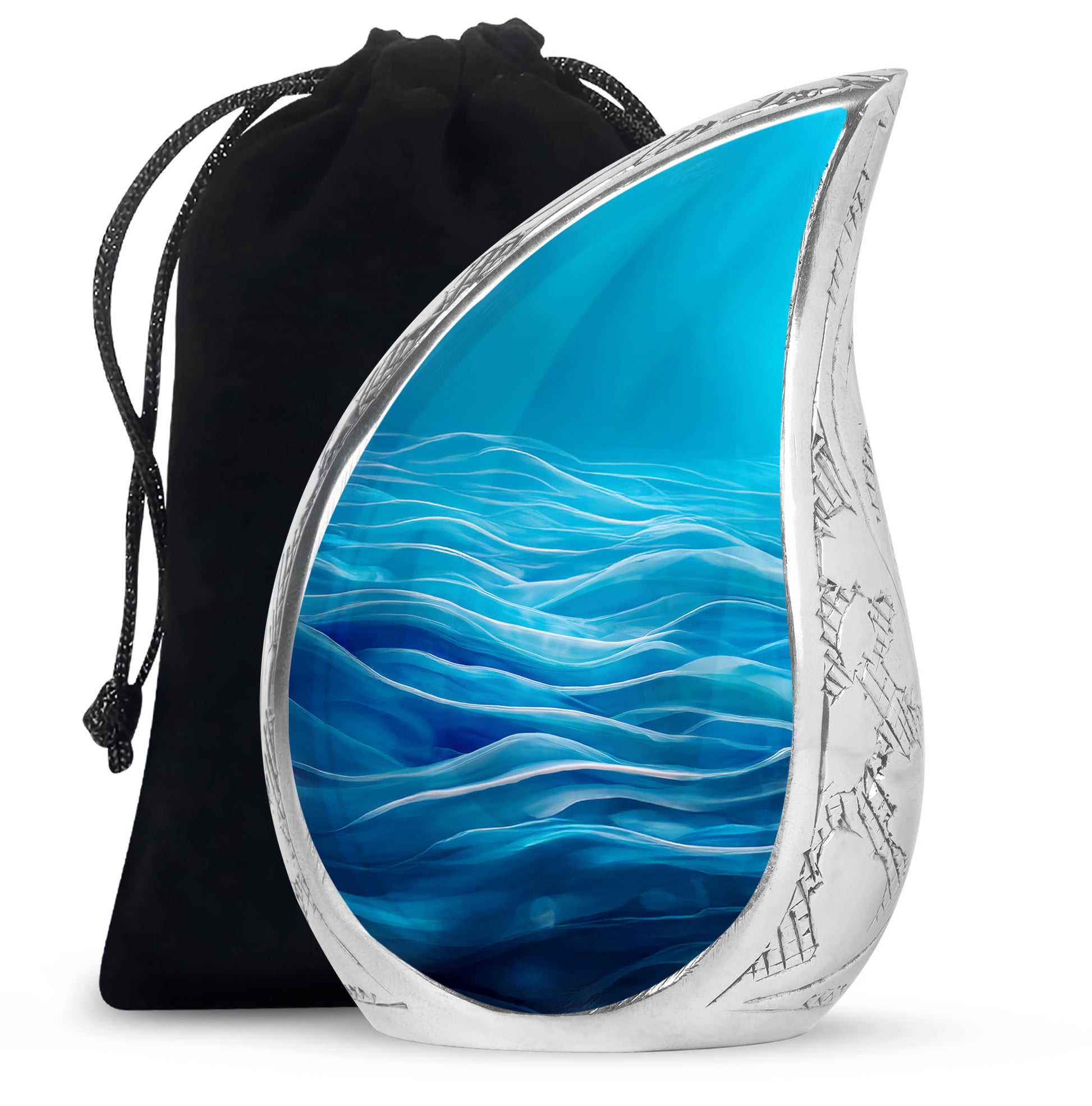Misty Blue Blue Cremation Urn front view showing detailed design - rounded teardrop blue design with delicate detail - full-size 10 inch 200 cubic inch adult cremation urn