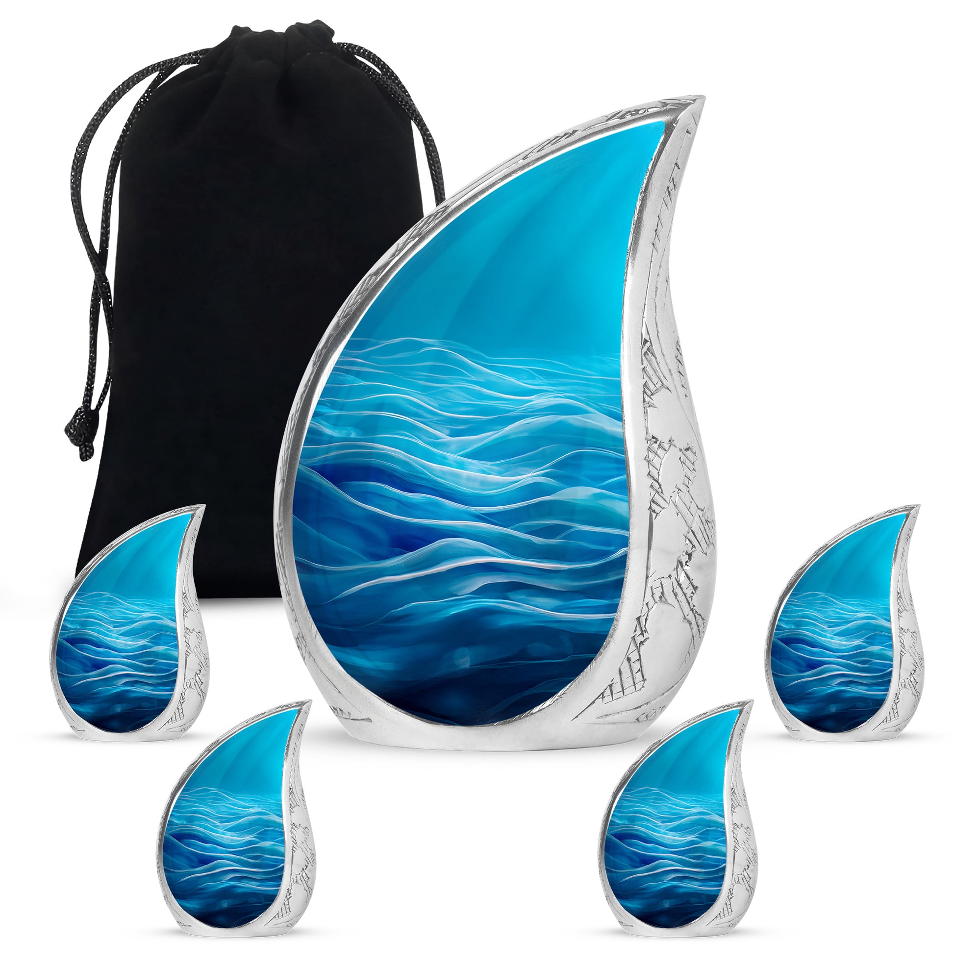 Azure Blue Cremation Urn side profile showing urn shape - flowing teardrop blue silhouette on curved aluminum - memorial set with one large and four small urns
