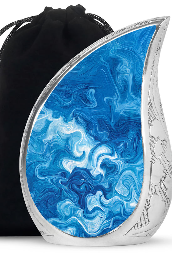 Pastel Blue Blue Cremation Urn front view showing detailed design - rounded teardrop blue design with delicate detail - full-size 10 inch 200 cubic inch adult cremation urn