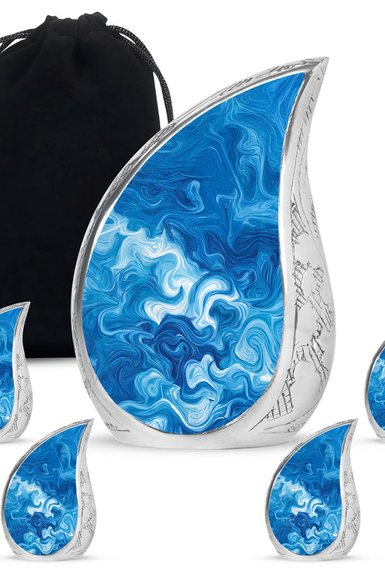Bright Blue Blue Cremation Urn side profile showing urn shape - smooth teardrop contour featuring blue art - memorial set with one large and four small urns