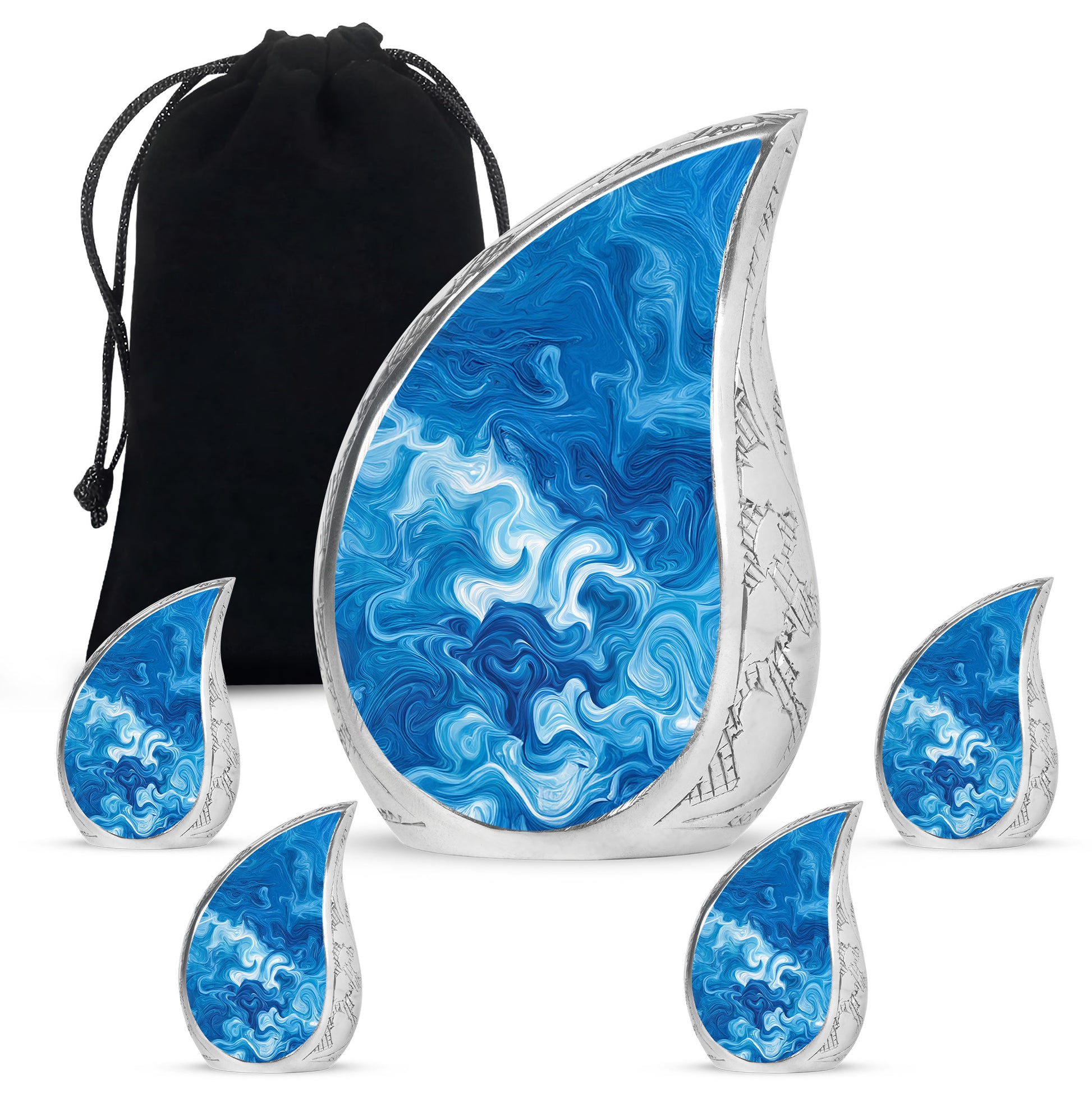Bright Blue Blue Cremation Urn side profile showing urn shape - smooth teardrop contour featuring blue art - memorial set with one large and four small urns