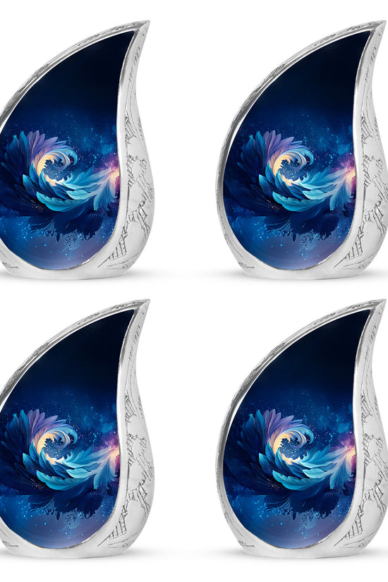 Vivid Blue Blue Cremation Urn close-up of engraving and surface detail - smooth teardrop contour featuring blue art - 10 inch aluminum urn for cremated remains