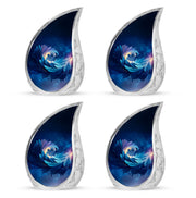 Vivid Blue Blue Cremation Urn close-up of engraving and surface detail - smooth teardrop contour featuring blue art - 10 inch aluminum urn for cremated remains