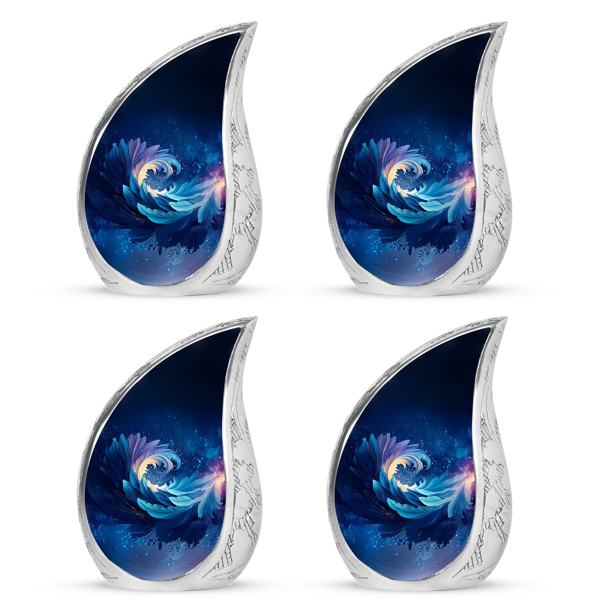 Vivid Blue Blue Cremation Urn close-up of engraving and surface detail - smooth teardrop contour featuring blue art - 10 inch aluminum urn for cremated remains
