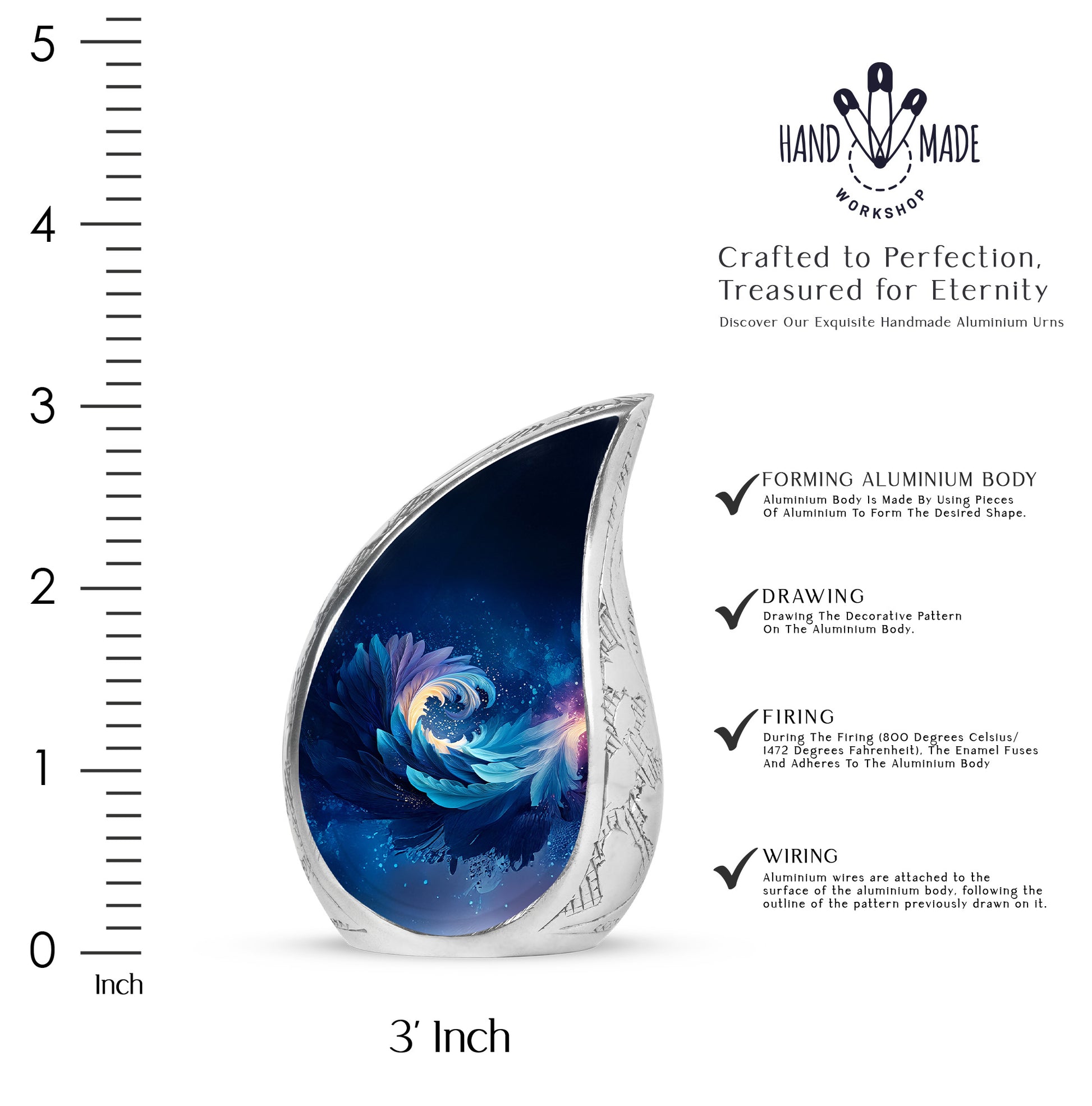 Steel Blue Blue Cremation Urn angled view of lid and engraved motif - smooth teardrop contour featuring blue art - mini keepsake memorial for portion of cremation ashes